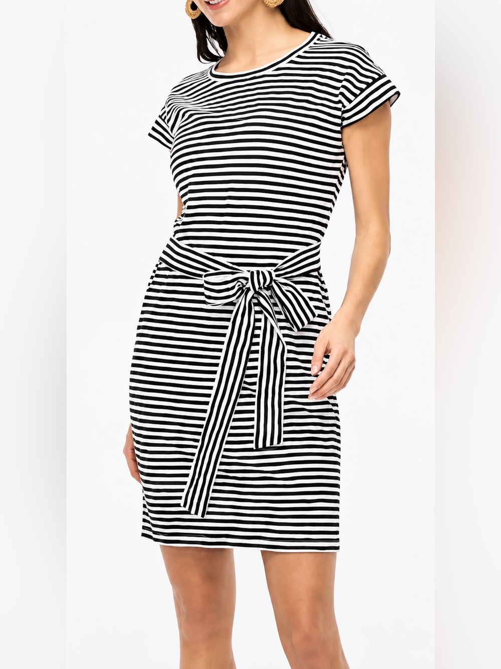 J Crew Short Sleeve Black White Striped Tie Waist T Shirt Cotton Dress BI143